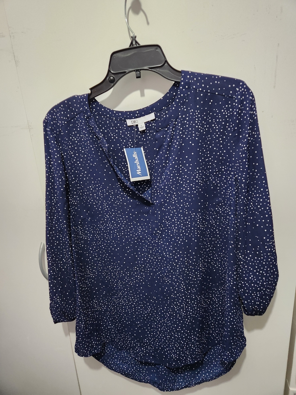 DR2 Navy and White Long-Sleeve Polka Dot Blouse